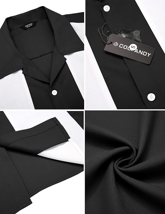 COOFANDY Men's Retro Bowling Shirts Casual Button Down Shirts Beach Wear Clothing Black White