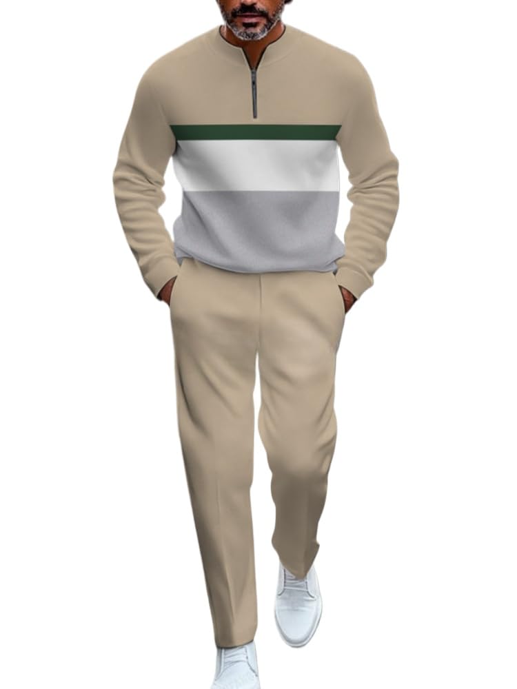 TOVPAO Men's casual sports long sleeved jogging suit two-piece jacket and pants set