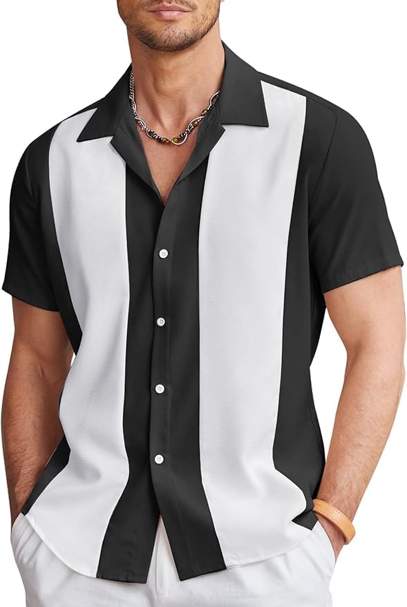 COOFANDY Men's Retro Bowling Shirts Casual Button Down Shirts Beach Wear Clothing Black White