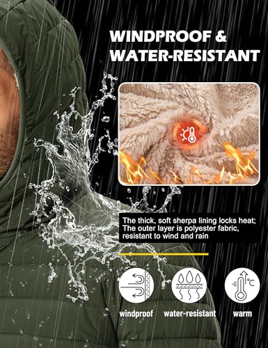 TACVASEN Men's Puffer Jacket Hooded Sherpa Lined Water Resistant Windproof Insulated Jacket Warm Winter Puffy Coat