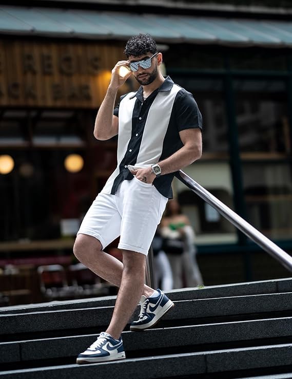 COOFANDY Men's Retro Bowling Shirts Casual Button Down Shirts Beach Wear Clothing Black White