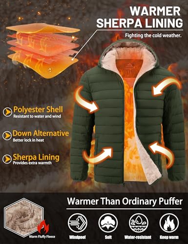 TACVASEN Men's Puffer Jacket Hooded Sherpa Lined Water Resistant Windproof Insulated Jacket Warm Winter Puffy Coat