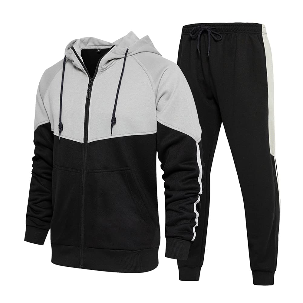 CALUOMATT Men's Hooded Athletic Tracksuit Sweatsuit Long Sleeve Full-Zip Jogging Sweatpants 2 Piece Patchwork Sportsuits