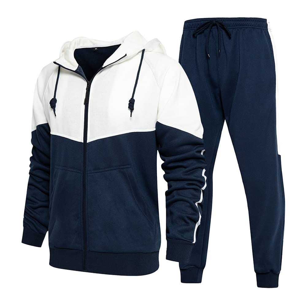 CALUOMATT Men's Hooded Athletic Tracksuit Sweatsuit Long Sleeve Full-Zip Jogging Sweatpants 2 Piece Patchwork Sportsuits