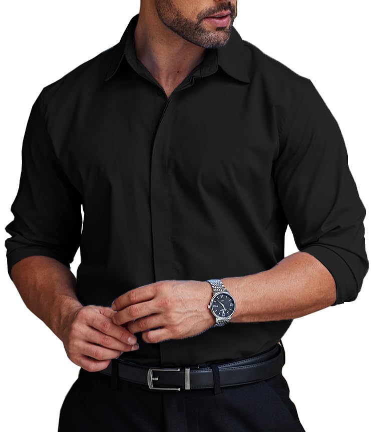 COOFANDY Men's Formal Dress Shirt Hidden Button Front Wrinkle Free Shirt Regular Fit Stretch Business Casual Shirts
