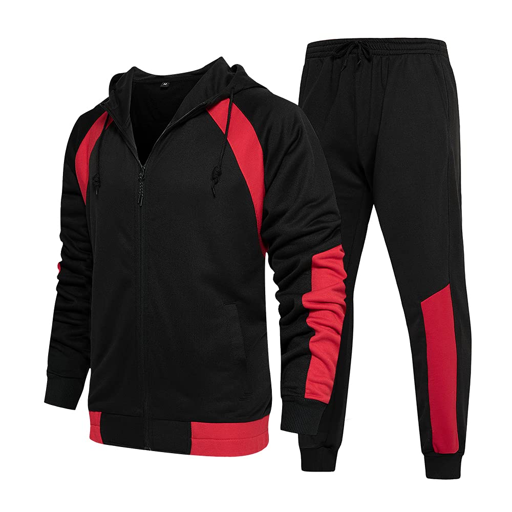 CALUOMATT Men's Hooded Athletic Tracksuit Sweatsuit Long Sleeve Full-Zip Jogging Sweatpants 2 Piece Patchwork Sportsuits
