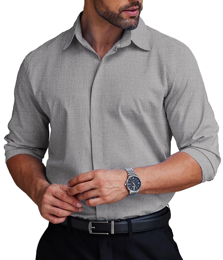 COOFANDY Men's Formal Dress Shirt Hidden Button Front Wrinkle Free Shirt Regular Fit Stretch Business Casual Shirts