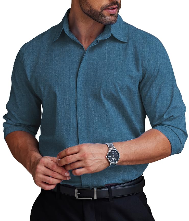 COOFANDY Men's Formal Dress Shirt Hidden Button Front Wrinkle Free Shirt Regular Fit Stretch Business Casual Shirts