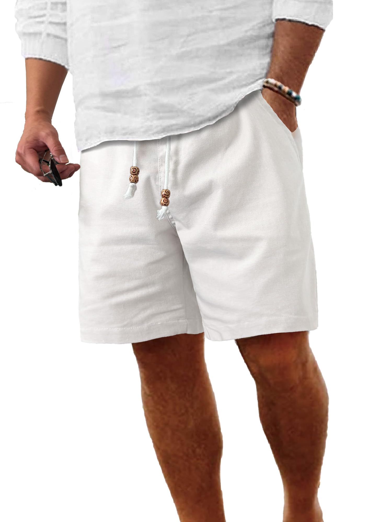Comdecevis Men's Linen Shorts Casual Elastic Waist Drawstring Summer Beach Vacation Yoga Golf Shorts with Pockets
