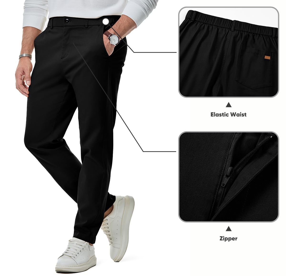 JMIERR Men's Chino Pants Casual Elastic Waist Tapered Golf Trousers