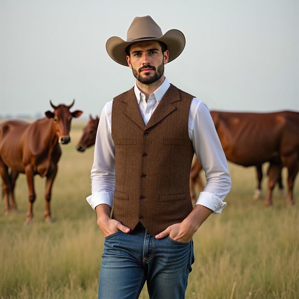 Tuikayoo Men's Tweed Suit Vintage Vest Herringbone Wool Prom Waistcoat Groomsmen