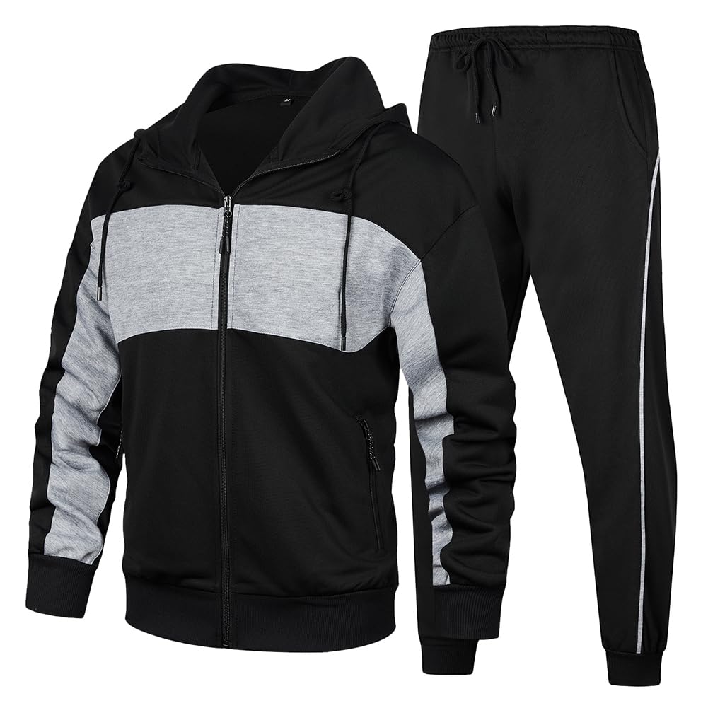 CALUOMATT Men's Hooded Athletic Tracksuit Sweatsuit Long Sleeve Full-Zip Jogging Sweatpants 2 Piece Patchwork Sportsuits