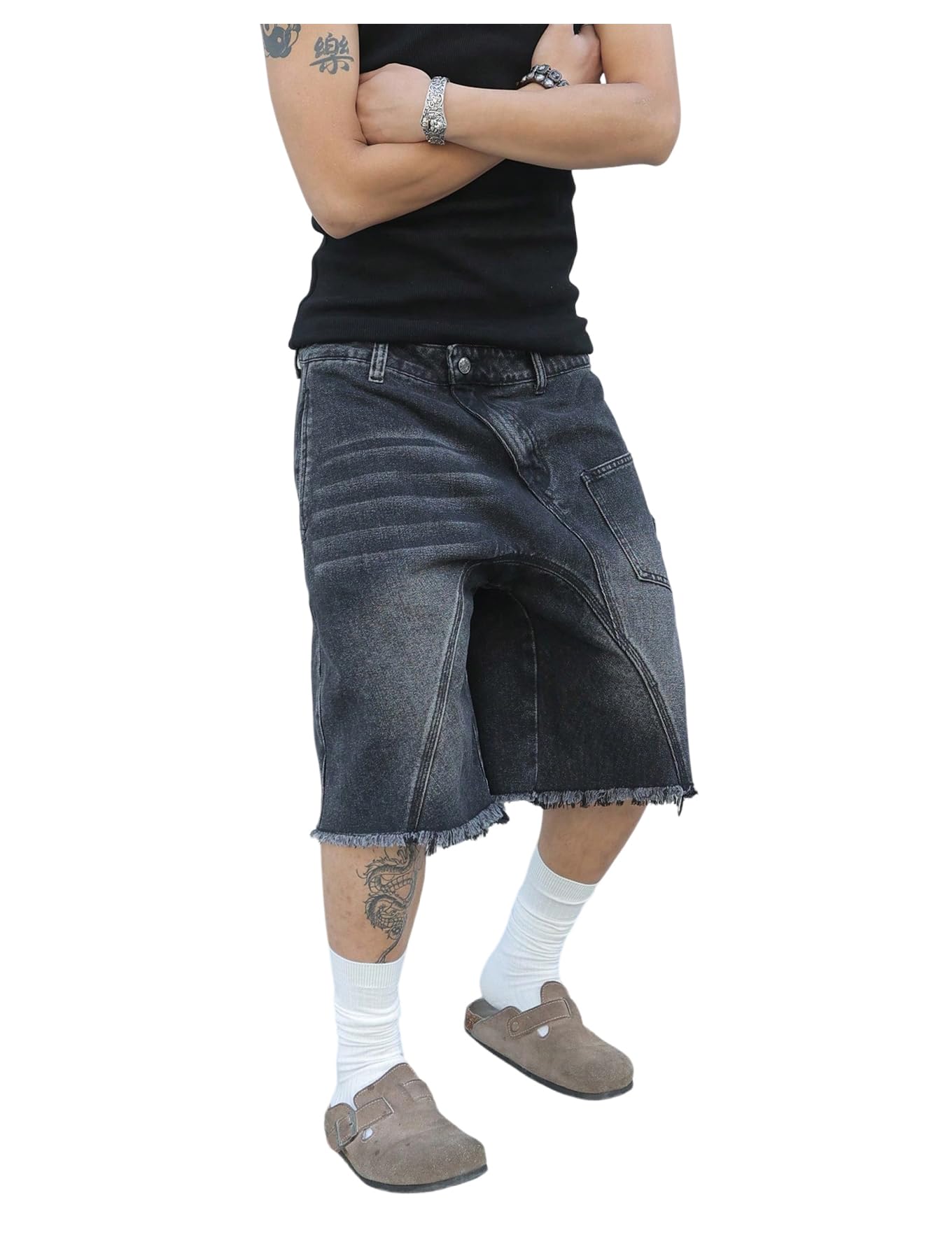 SHENHE Men's Baggy Jean Shorts Y2k Jorts Wide Leg Frayed Raw Hem Vintage Bermuda Denim Shorts