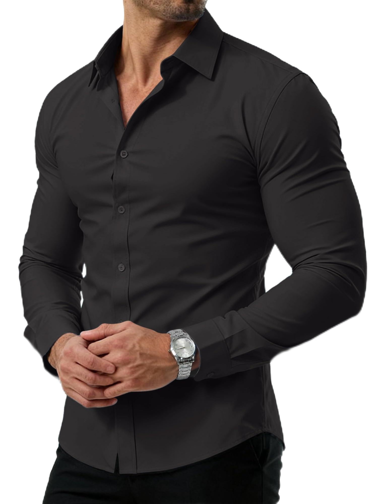 PLEPAN Men's Slim Fit Stretch Dress Shirt Stain Proof Wrinkle-Free Muscle Fit Long Sleeve Button Down Formal Shirt