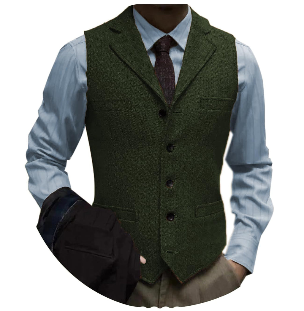 Tuikayoo Men's Tweed Suit Vintage Vest Herringbone Wool Prom Waistcoat Groomsmen