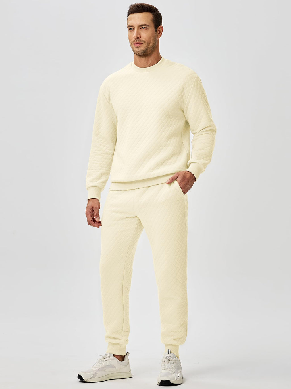 JMIERR Men's Quilted 2 Piece Casual Outfits Crewneck Sweatshirt Tracksuit & Joggers Sweatpants Sweatsuit Set