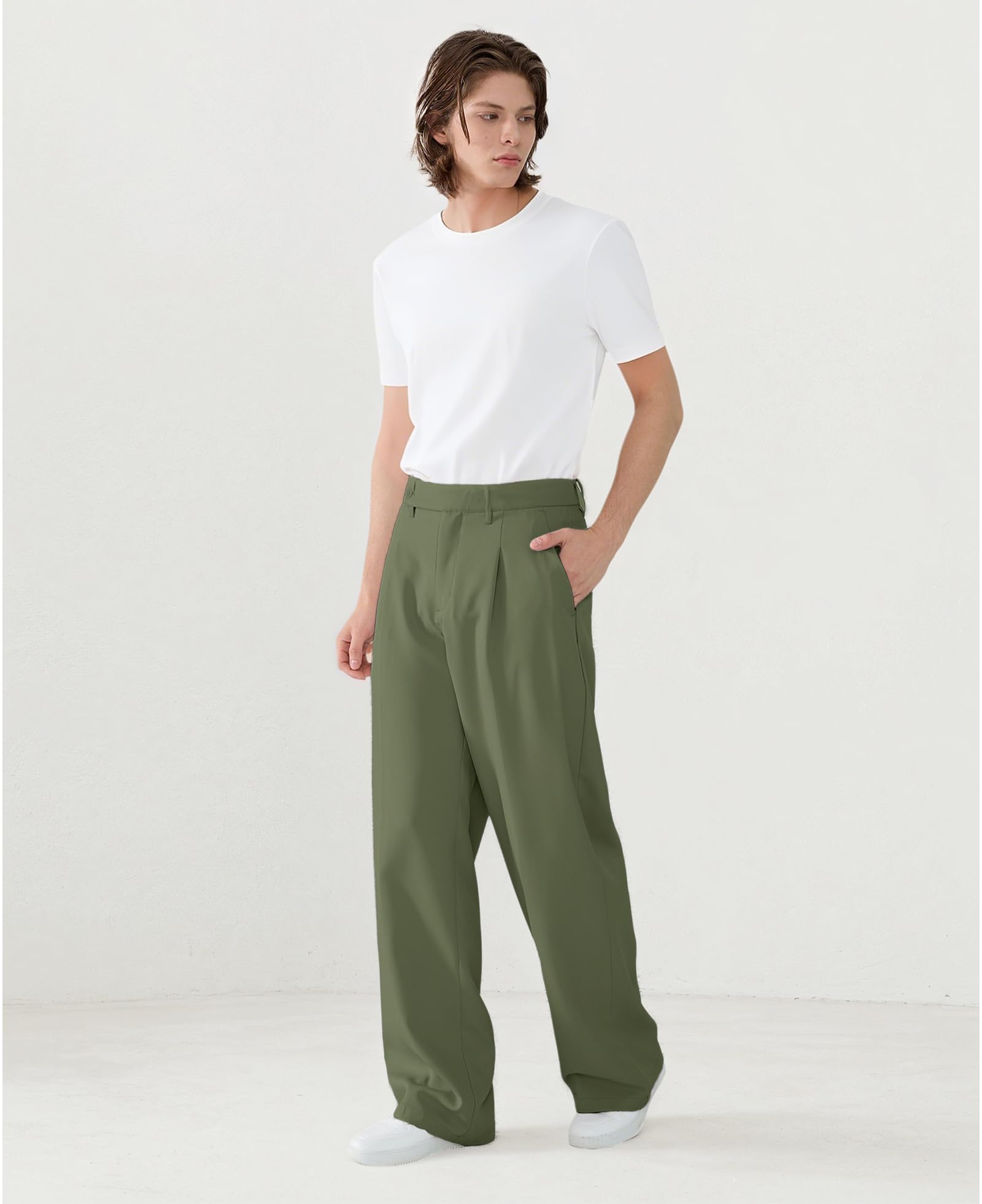 Susclude Mens Casual Dress Pants Pleated Old Money Wide Leg Baggy Pants Fall Relaxed Fit Slacks Work Trousers