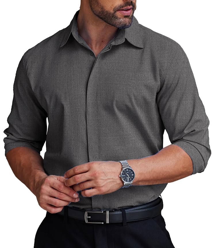 COOFANDY Men's Formal Dress Shirt Hidden Button Front Wrinkle Free Shirt Regular Fit Stretch Business Casual Shirts