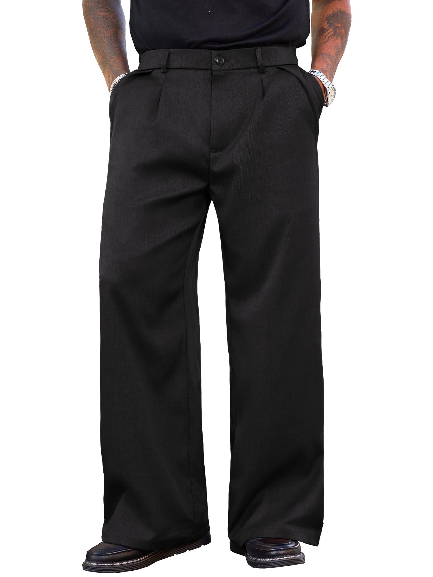 PLEPAN Men's Wide Leg Dress Pants Baggy Pleated Casual Trousers Relaxed Fit Elastic Waist Business Slacks