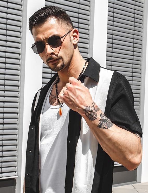 COOFANDY Men's Retro Bowling Shirts Casual Button Down Shirts Beach Wear Clothing Black White