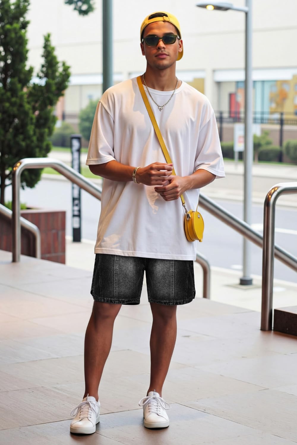 Heyfanee Mens Baggy Jean Shorts Loose Fit Elastic Waist Denim Shorts 7 Inch Inseam