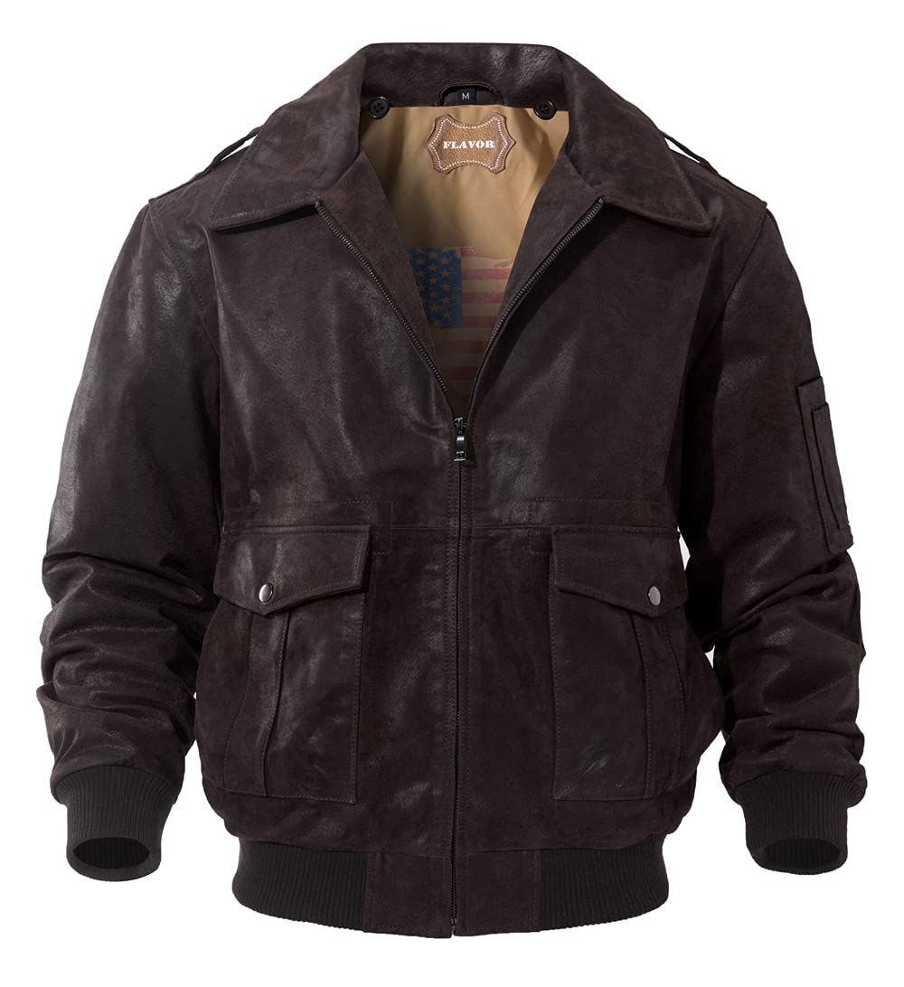 FLAVOR Men's Leather Flight Bomber Jacket Air Force Aviator