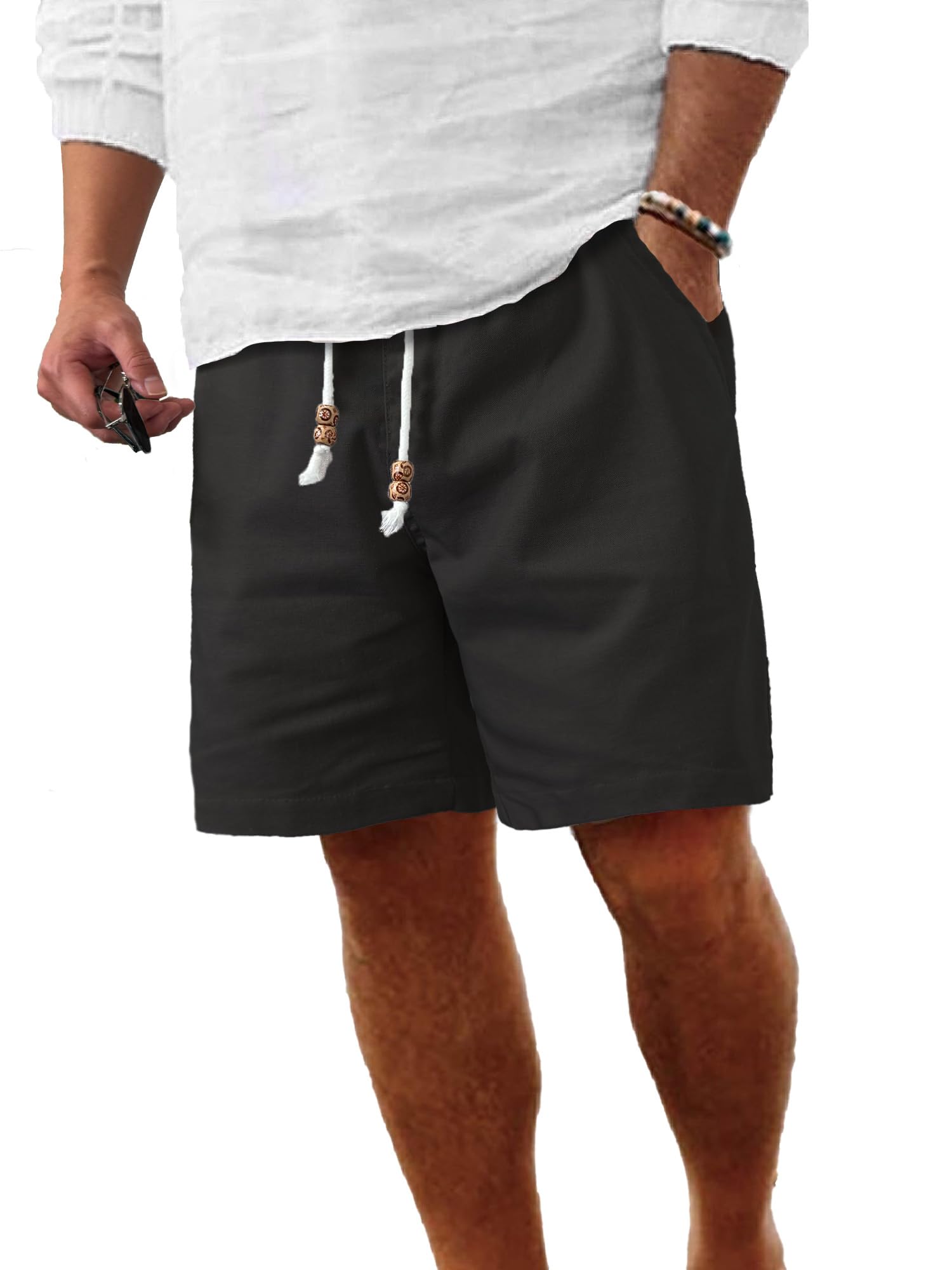 Comdecevis Men's Linen Shorts Casual Elastic Waist Drawstring Summer Beach Vacation Yoga Golf Shorts with Pockets