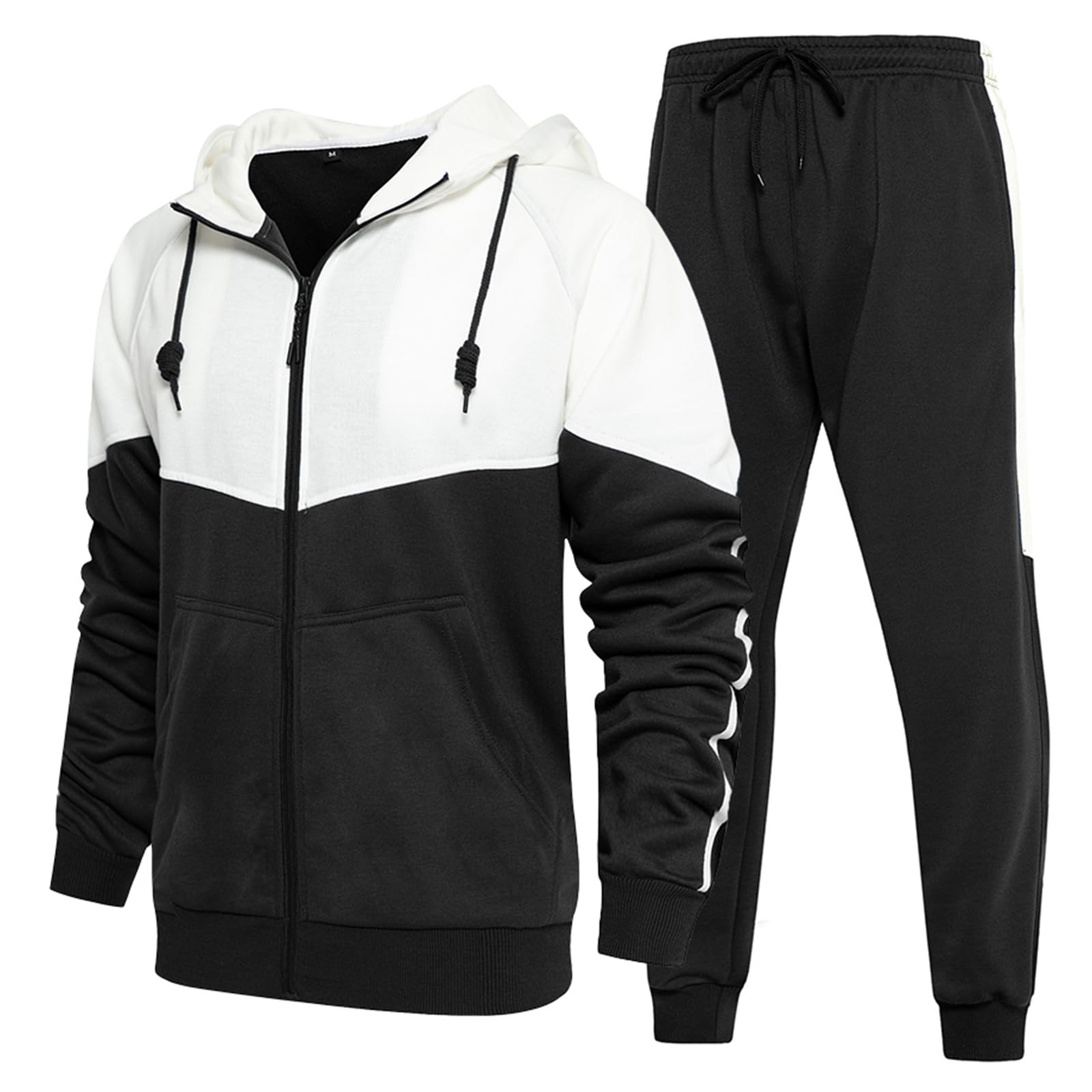 CALUOMATT Men's Hooded Athletic Tracksuit Sweatsuit Long Sleeve Full-Zip Jogging Sweatpants 2 Piece Patchwork Sportsuits