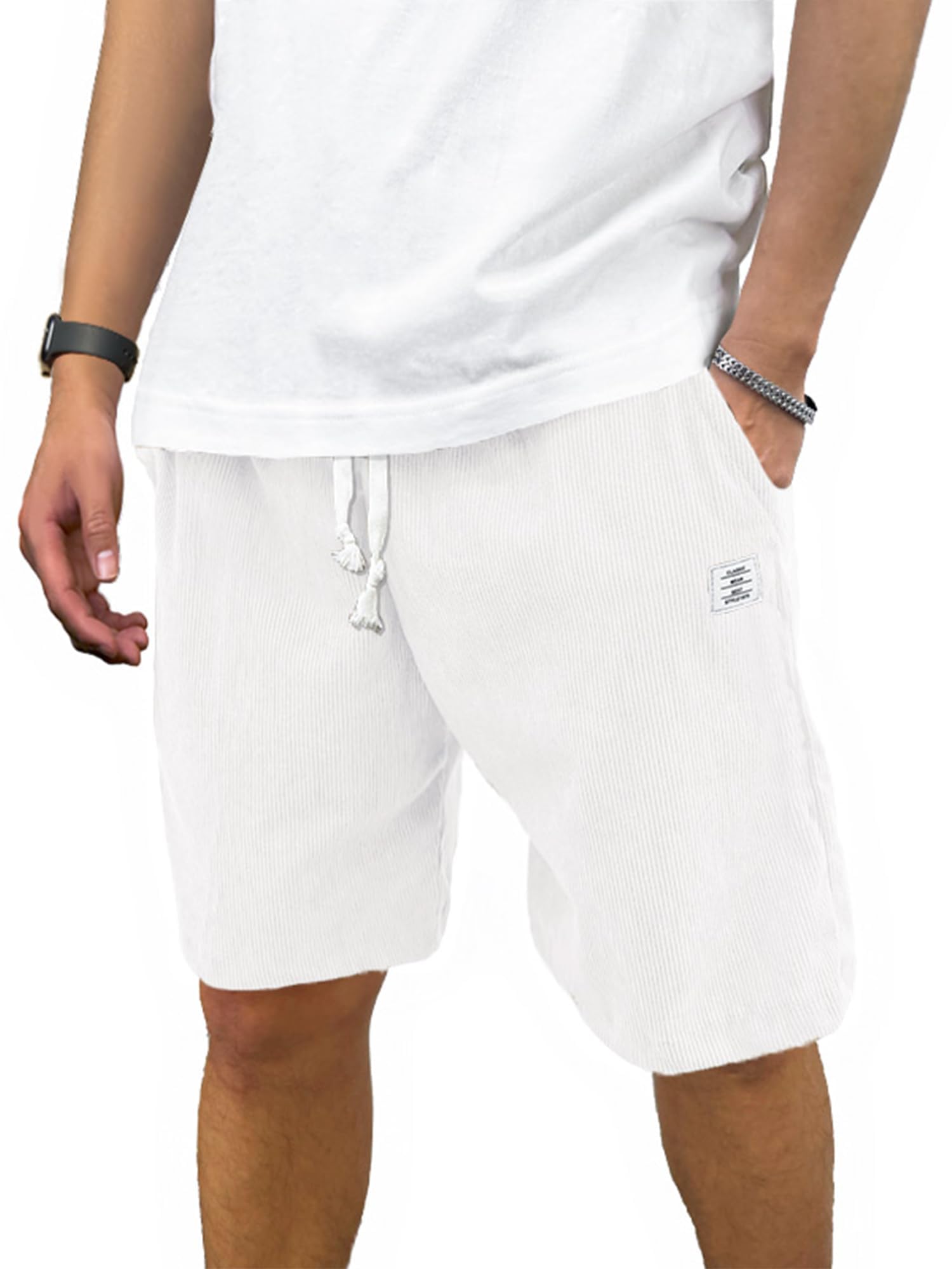 PLEPAN Mens Corduroy Shorts Casual Elastic Waist Drawstring Summer Beach Shorts