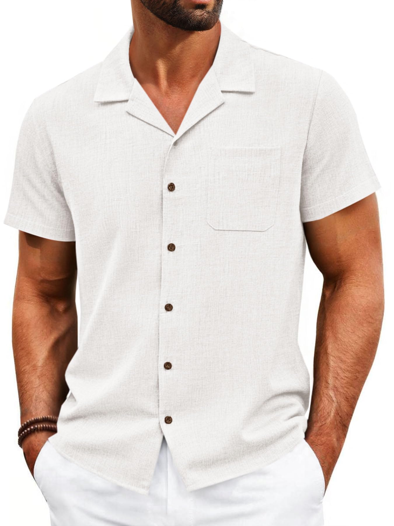 Runcati Mens Button Down Shirt Short Sleeve Cuban Casual Shirts Summer Beach Vacation Wedding Tops with Pocket