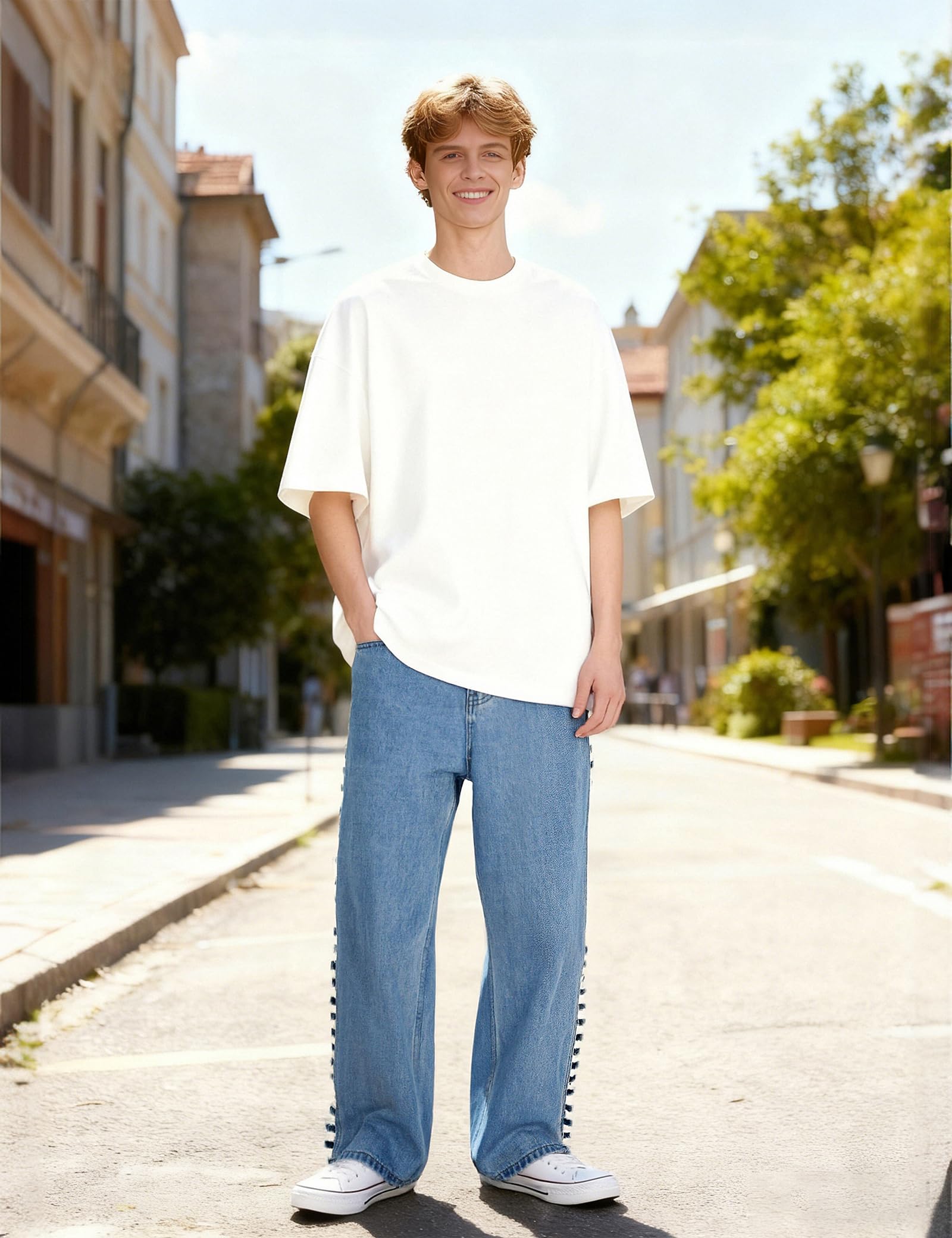 Plaid&Plain Men's Hip Hop Baggy Jeans Casual Wide Leg Y2k Skateboard Vintage Denim Pants Streetwear