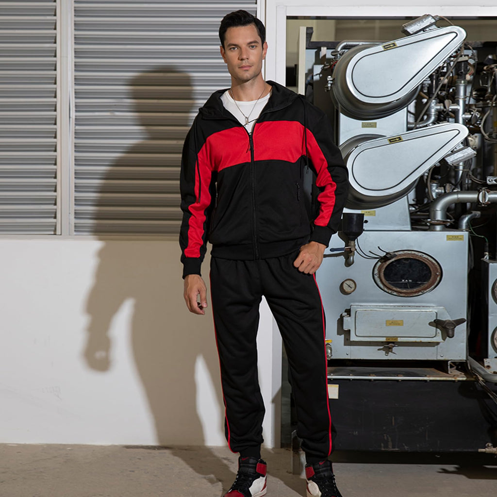 CALUOMATT Men's Hooded Athletic Tracksuit Sweatsuit Long Sleeve Full-Zip Jogging Sweatpants 2 Piece Patchwork Sportsuits