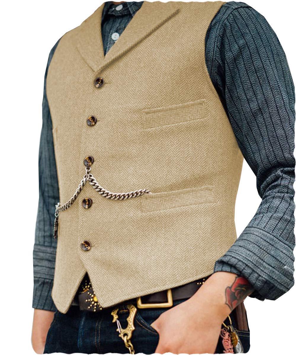 Ceehuteey Mens Suit Vest Waistcoat Tweed Retro V Neck Wool Herringbone for Prom