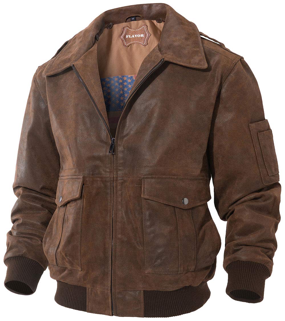 FLAVOR Men's Leather Flight Bomber Jacket Air Force Aviator