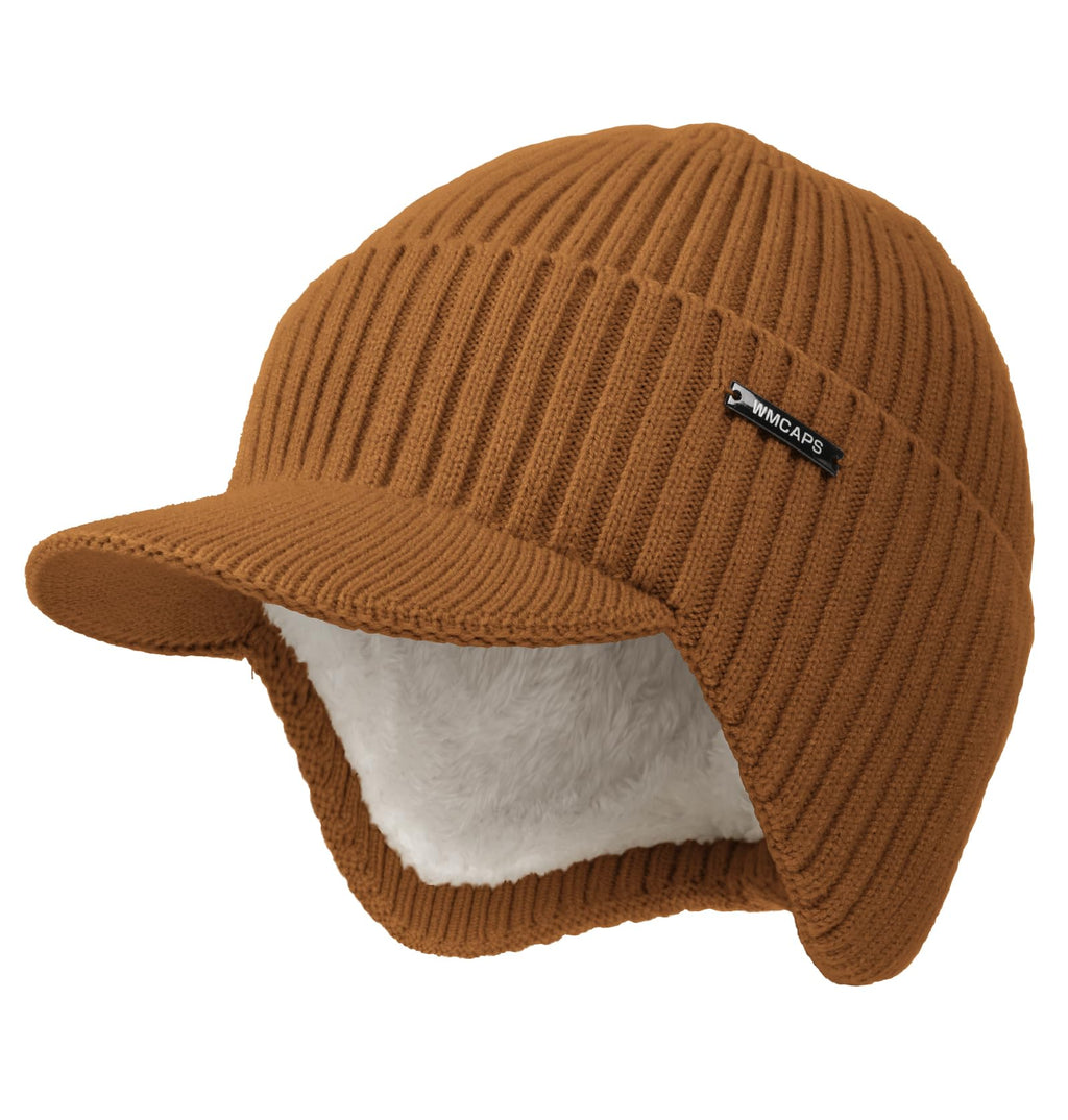 Wmcaps Winter Beanie with Brim and Ear Flaps, Outdoor Warm Fleece Lined Knit Hat Stocking Caps for Men Women