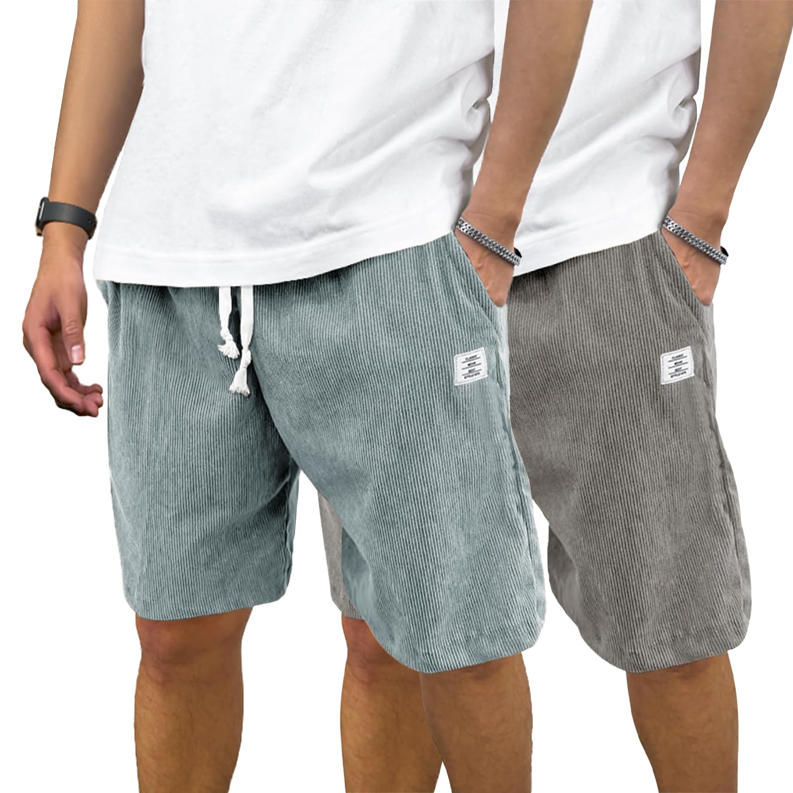PLEPAN Mens Corduroy Shorts Casual Elastic Waist Drawstring Summer Beach Shorts