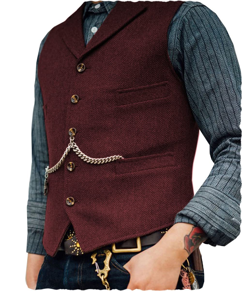 Ceehuteey Mens Suit Vest Waistcoat Tweed Retro V Neck Wool Herringbone for Prom