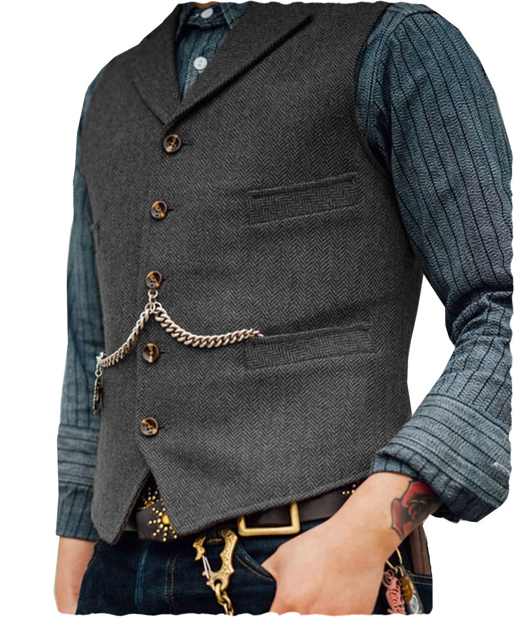 Ceehuteey Mens Suit Vest Waistcoat Tweed Retro V Neck Wool Herringbone for Prom