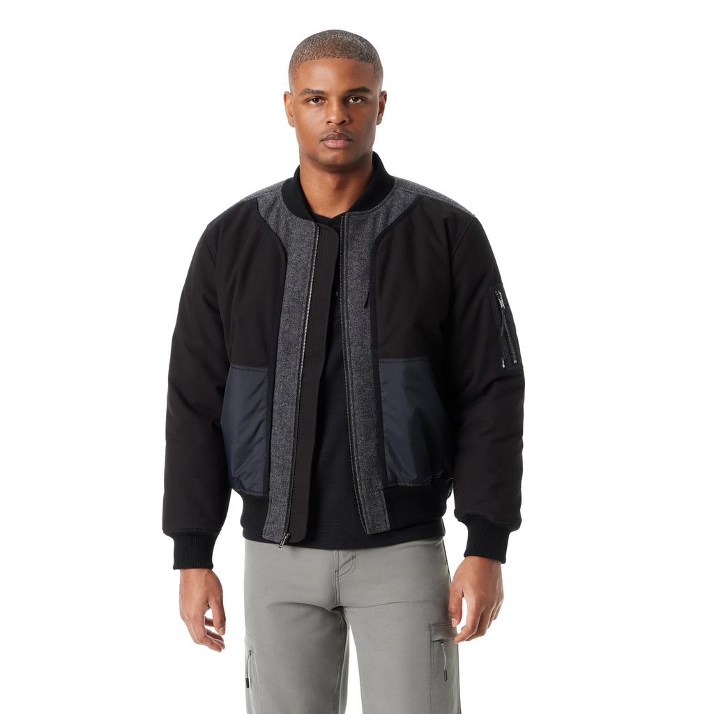 BASS OUTDOOR mens Hero Mix Media Zip Up Front Bomber Jacket With Sleeve Pocket Standard