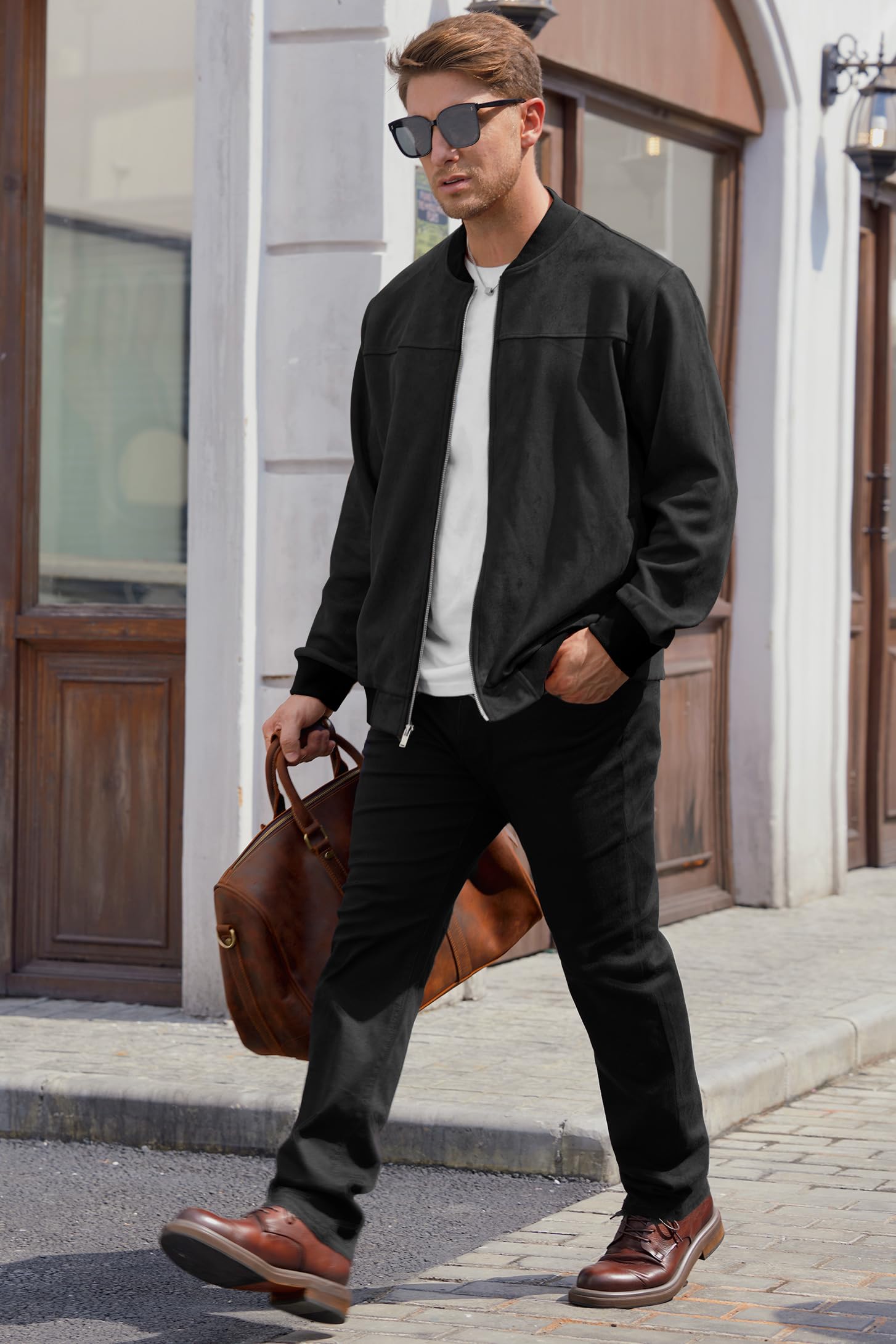 VOGSTART Men’s Bomber Jacket Faux Suede Midweight Casual Full-Zip Flight Coat (S-XXL)