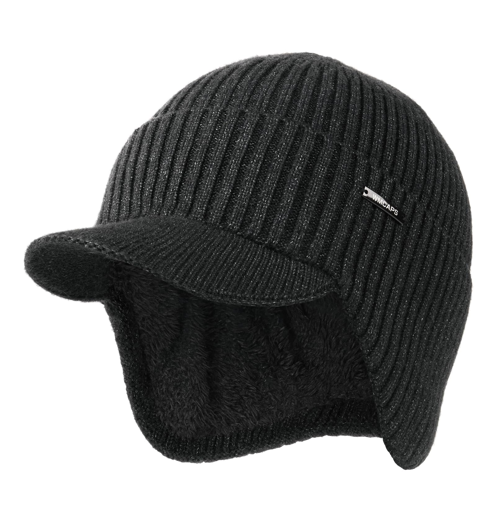 Wmcaps Winter Beanie with Brim and Ear Flaps, Outdoor Warm Fleece Lined Knit Hat Stocking Caps for Men Women