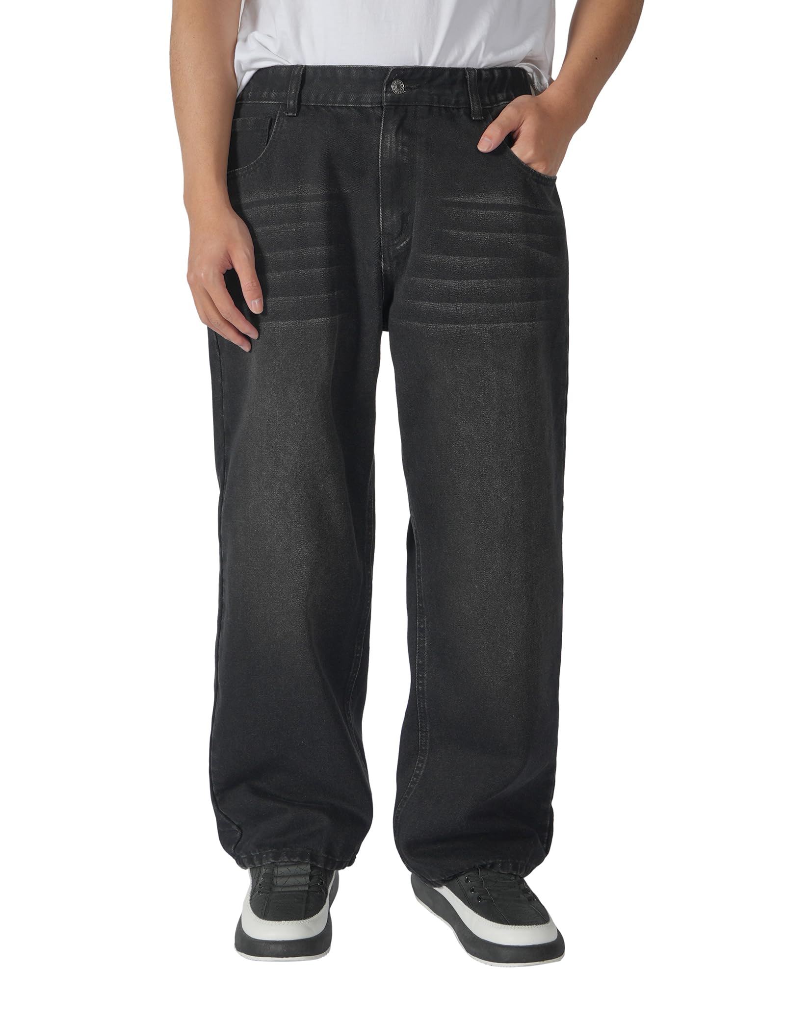 Plaid&Plain Men's Hip Hop Baggy Jeans Casual Wide Leg Y2k Skateboard Vintage Denim Pants Streetwear