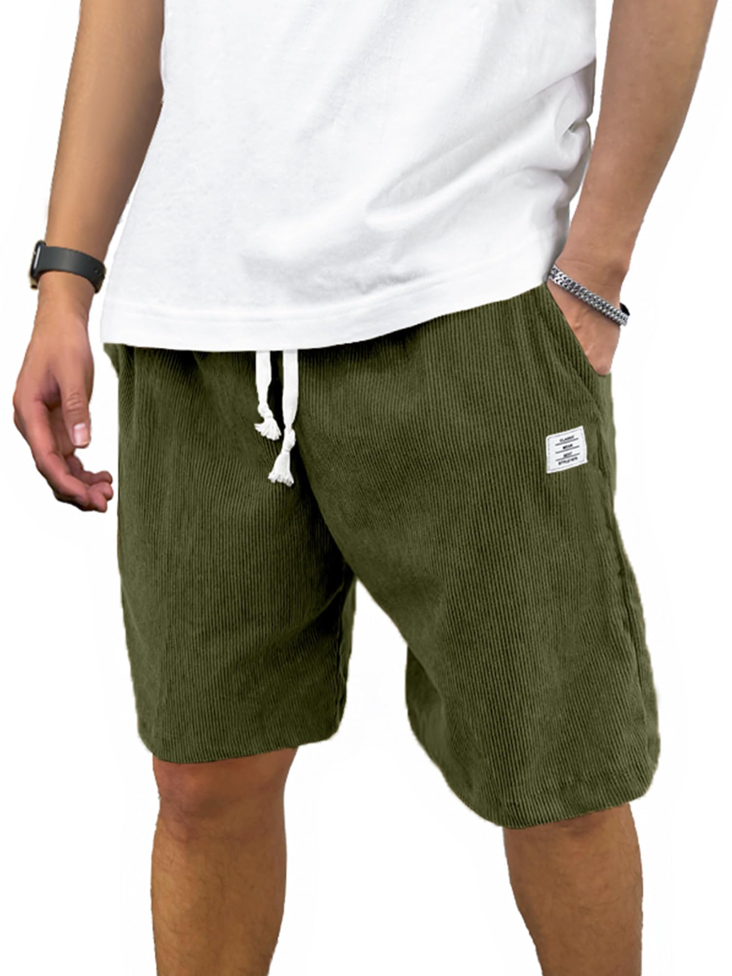PLEPAN Mens Corduroy Shorts Casual Elastic Waist Drawstring Summer Beach Shorts