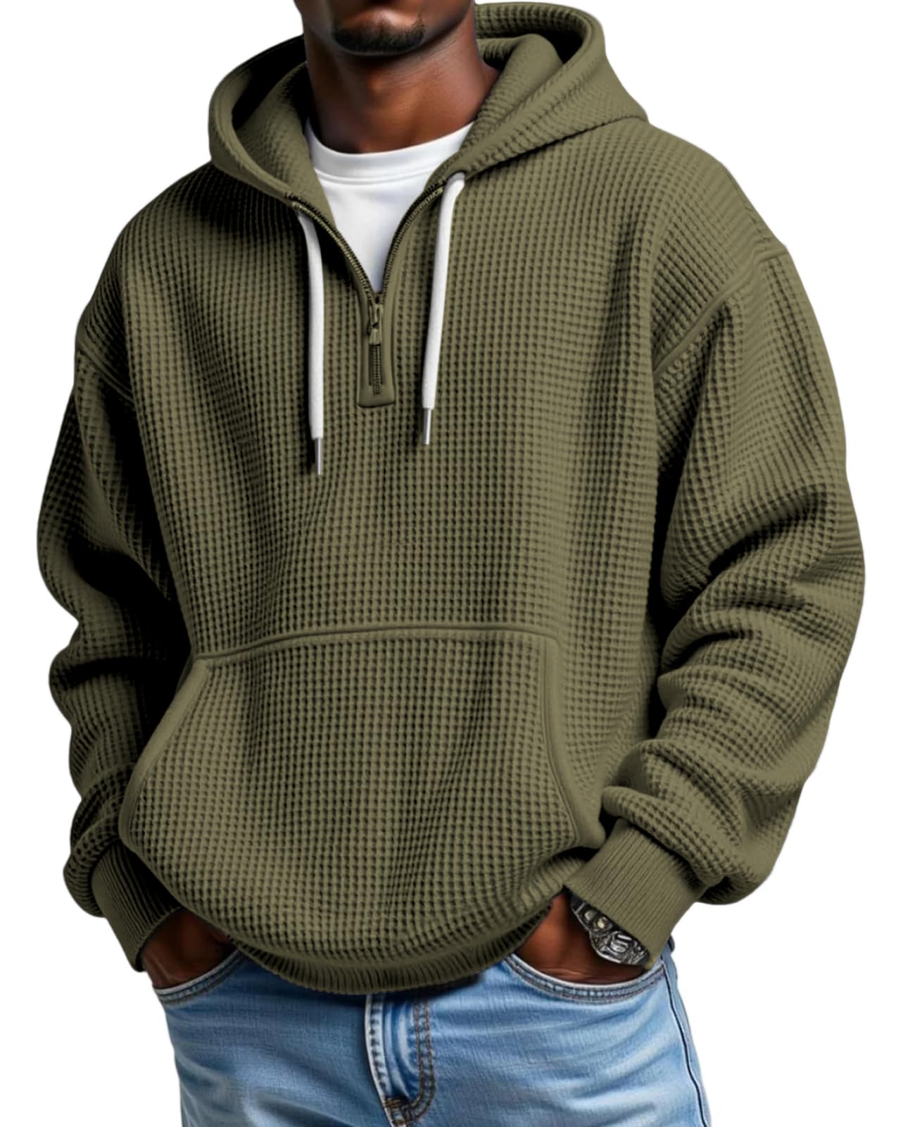 PIDOGYM Men's Quarter Zip Hoodie Waffle Knit Pullover Long Sleeve Casual Loose Fit Sweatshirt Hooded Tops with Pockets