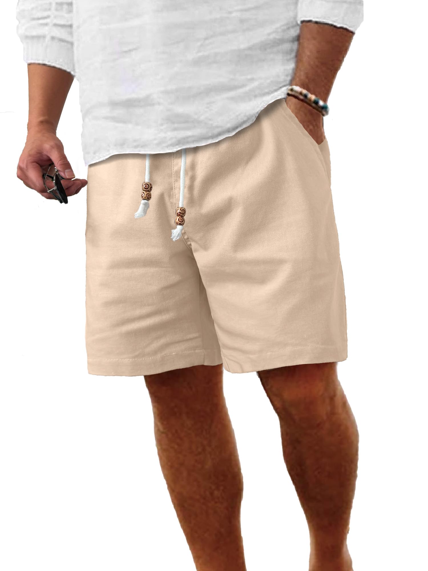 Comdecevis Men's Linen Shorts Casual Elastic Waist Drawstring Summer Beach Vacation Yoga Golf Shorts with Pockets