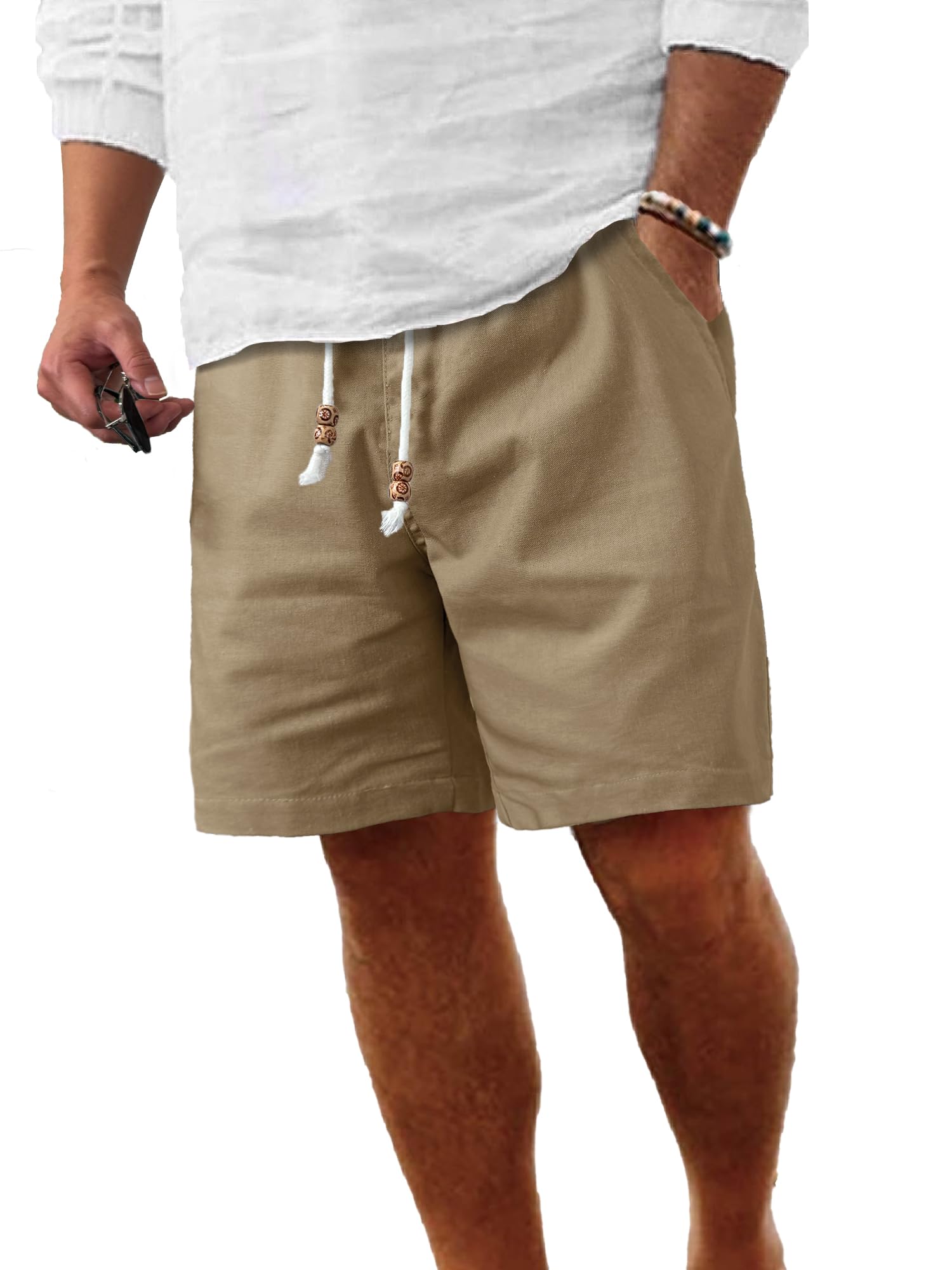 Comdecevis Men's Linen Shorts Casual Elastic Waist Drawstring Summer Beach Vacation Yoga Golf Shorts with Pockets