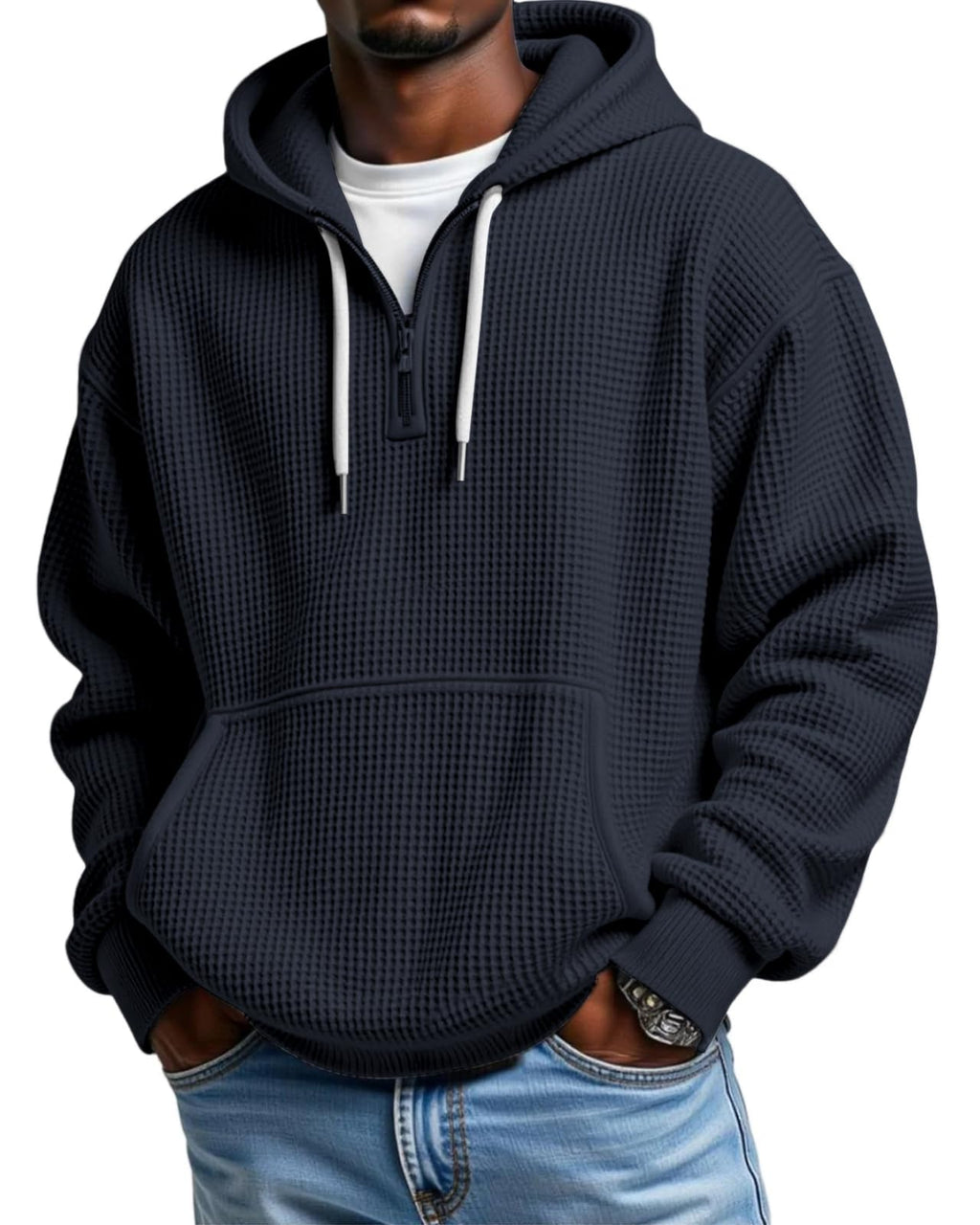 PIDOGYM Men's Quarter Zip Hoodie Waffle Knit Pullover Long Sleeve Casual Loose Fit Sweatshirt Hooded Tops with Pockets