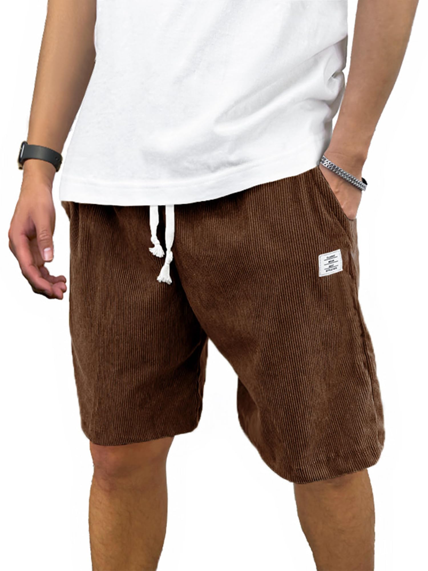PLEPAN Mens Corduroy Shorts Casual Elastic Waist Drawstring Summer Beach Shorts