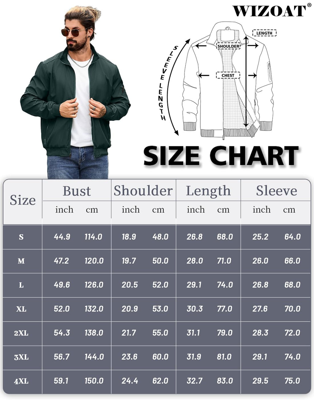 Wizoat Men's Bomber Jacket Lightweight Casual Windbreaker Jackets Zip Up Coat