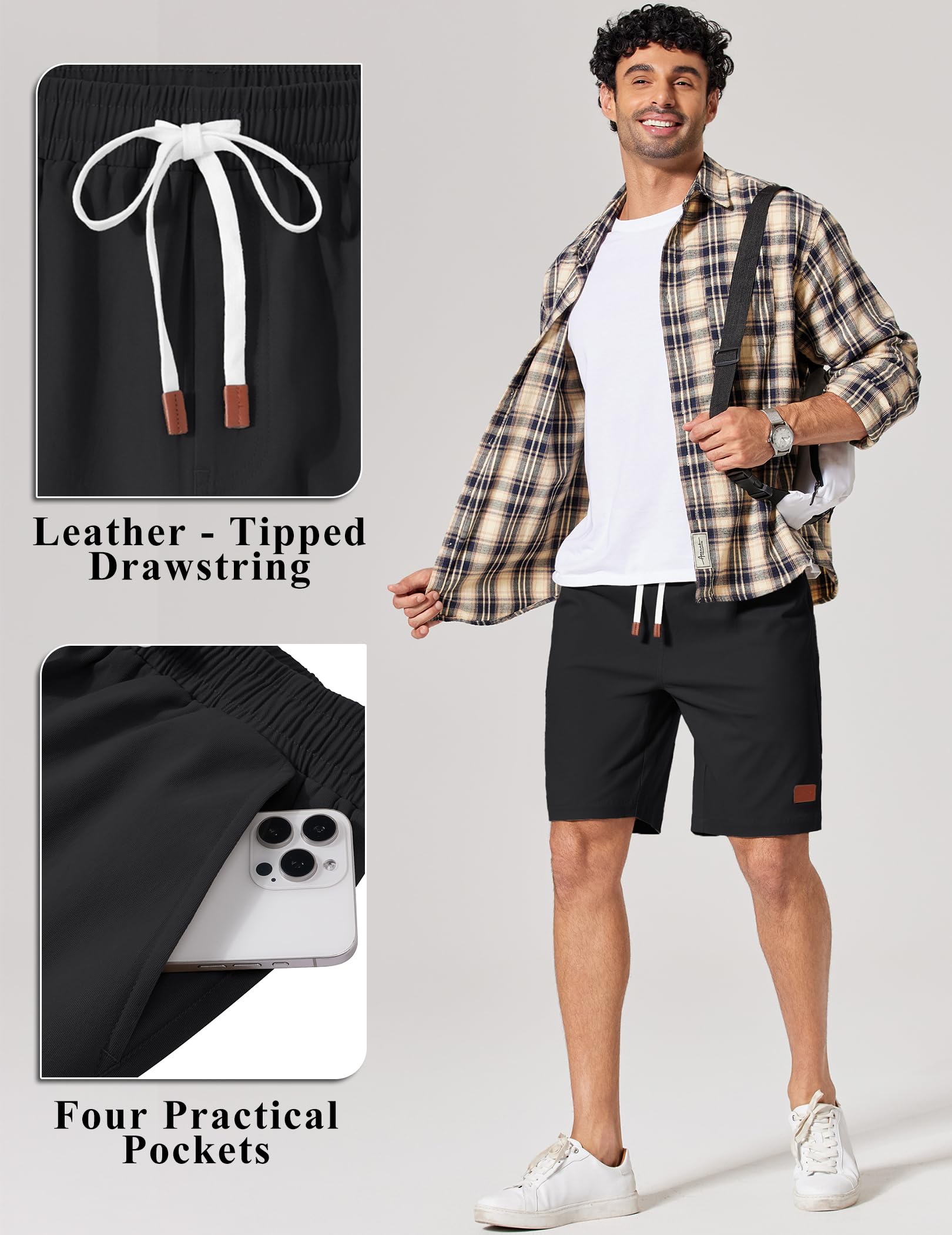 COOFANDY Mens Cotton Chino Shorts 9 Inch Casual Shorts Elastic Waist Drawstring Summer Beach Shorts with Pockets